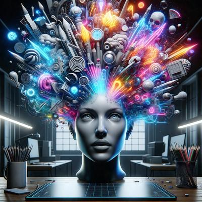 The primary subject of the image is a computer-generated head with a vibrant, colorful, and abstract design. The head is surrounded by various objects, including a desk, a laptop, a cup, and a pencil holder. The setting appears to be an office or workspace, with a chair and a TV also visible in the scene. The visual style of the image is digital art, and the colors and mood are lively and creative.